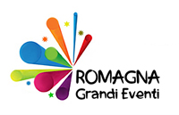 Logo coloré de Romagna Grandi Eventi avec des formes dynamiques.